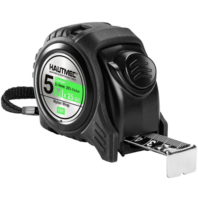 HAUTMEC شريط قياس HAUTMEC 16 قدم/5 متر بمقياس مزدوج، قفل تلقائي بشفرة مغطاة بالنايلون وحافظة مطاطية، للبناء، النجارة، الأعمال اليدوية HT0100 - Image 1
